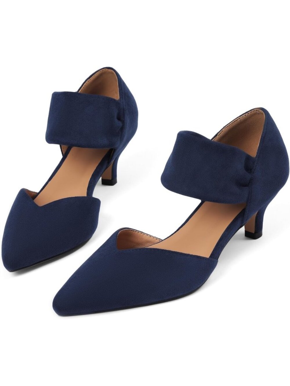Women's Blue Suede Low Kitten Heels Closed Pointed Slip On Ankle Strap Shoes